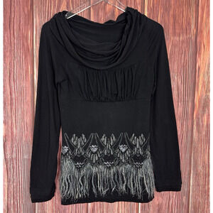 Save The Queen Black Babydoll Long Sleeve Top Y2K Sequin Cowl Neck Size Medium